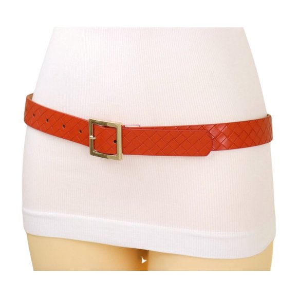 Women Orange Color Basket Weave Skinny Belt Gold Metal Square Buckle Size S M - Picture 10 of 17